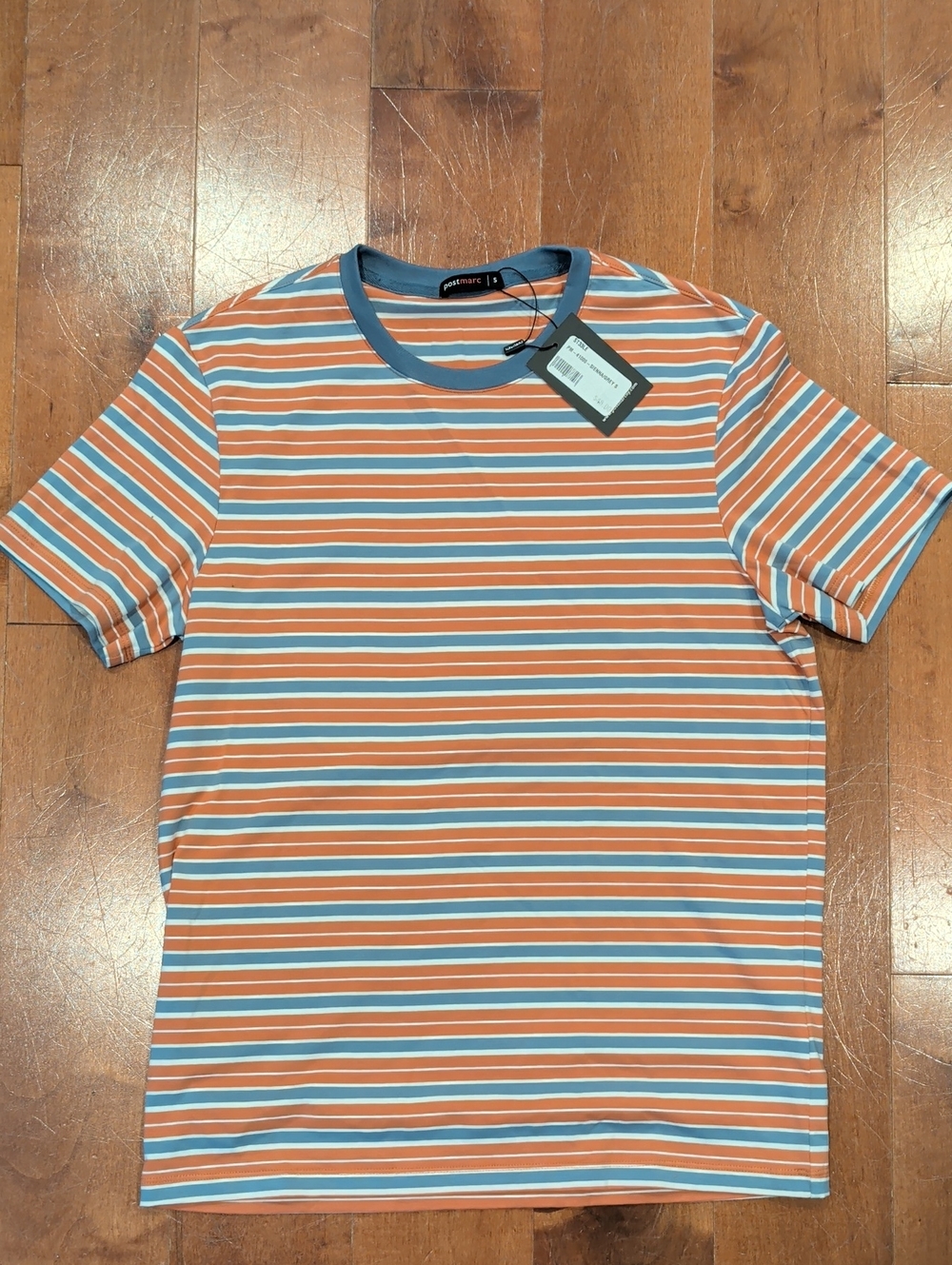 postmarc/ST33LE Men’s Short Sleeve Striped Tee - Orange & Blue